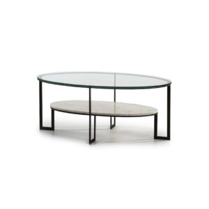 Oval glass coffee table with black metal frame and marble lower shelf Shop now at Louis & Henry
