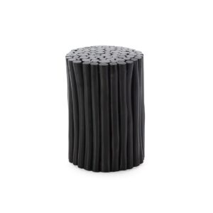 ORION Black Teak Wood Stool featuring bundled teak branches painted matte black in a cylindrical shape