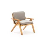 RAYMOND Grey Teak Wood Armchair featuring an angular teak frame with comfortable grey cushions, perfect for modern outdoor spaces.