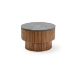 ÉMILE Coffee Table with a two-tiered cylindrical teak wood base and natural stone top. Shop now at Louis & Henry