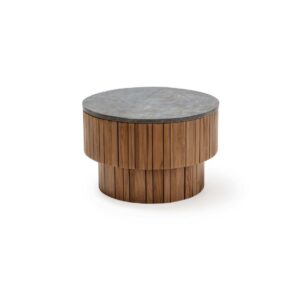 ÉMILE Coffee Table with a two-tiered cylindrical teak wood base and natural stone top. Shop now at Louis & Henry