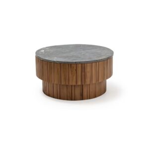 Large ÉMILE Coffee Table featuring a wide two-tiered cylindrical teak wood base and expansive natural stone top