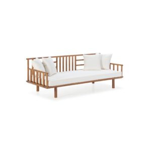 ELYEL modern teak outdoor sofa with white cushions on a clean background. Shop luxury outdoor furniture in the UK at Louis & Henry, shop at Louisandhenry.co.uk