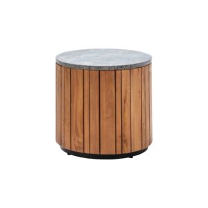 teak side table, natural stone furniture, sustainable design, indoor outdoor table, modern rustic decor, cylindrical table, mixed material furniture, contemporary side table, eco-friendly furniture, textured surface table. Shop high end furniture at Louis & Henry