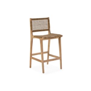MIKAE teak barstool with woven rope seat, featuring a sleek design suitable for indoor and outdoor settings. UK best luxury furniture at Louis & Henry, the kings of furniture