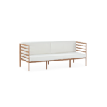 PAHALIAH Teak Outdoor Sofa with a teak wood frame and white cushions, measuring 180 cm width x 72 cm depth x 68 cm height.