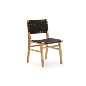 DINA Black Teak Dining Chair with a black woven seat and backrest, measuring 50 cm width x 56 cm depth x 87 cm height. Shop now at Louis & Henry