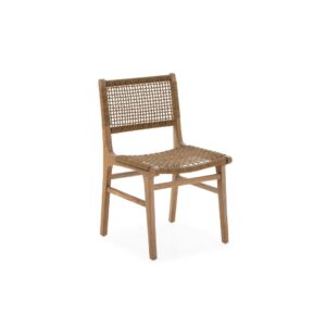 CASSIEL Teak and Rope Dining Chair with a solid teak frame and natural weaved rope seat and backrest, measuring 52 cm width x 52 cm depth x 79 cm height.