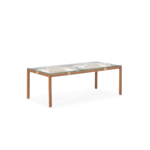 TIFFANY teak coffee table with glass top, featuring a sleek design that complements indoor and outdoor spaces