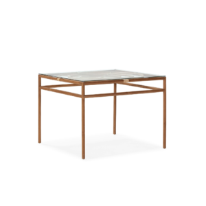 TIFFANY Teak and Glass Dining Table with a teak wood base and sleek glass top, measuring 100 cm width x 100 cm depth x 76 cm height. Shop now at Louis & Henry