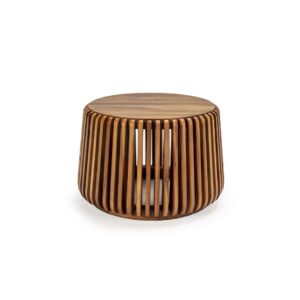 LUCAS Teak Coffee Table with a unique slatted design, measuring 78 cm width x 78 cm depth x 50 cm height, made from sustainable teak wood. Shop luxury coffee tables at Louis & Henry