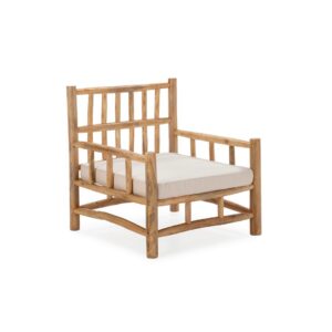 CHARLOTTE teak wood armchair with open slat design and white cushion. Shop now at Louis & Henry