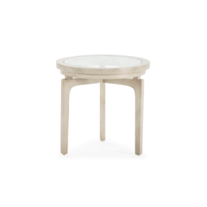 ÉTIENNE white cedar wood side table with round glass inlay top. Shop now at Louis Henry