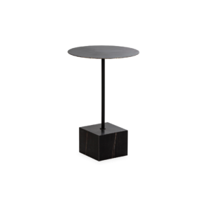 CELES black metal side table with gold accents, featuring a square base and round top
