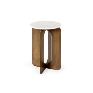 JOSEPH Marble and Antique Gold Side Table with a sculptural aged gold metal base and natural white marble top, measuring 41 cm width x 41 cm depth x 61 cm height.