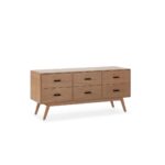 AMORA Cedar Wood Sideboard with Scandinavian design, featuring curved edges, slanted legs, six drawers, and dark handles.