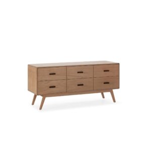AMORA Cedar Wood Sideboard with Scandinavian design, featuring curved edges, slanted legs, six drawers, and dark handles.