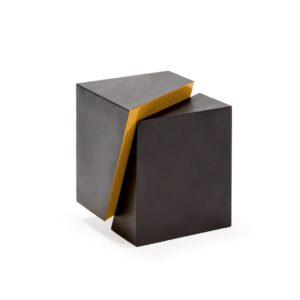 NEO Black and Gold Metal Side Table with a sculptural sliced cube shape, finished in black with gold accents, measuring 41 cm width x 35 cm depth x 48 cm height. Shop designer furniture in the UK at Louis & Henry, the best place for furniture.