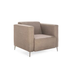 Modern taupe fabric armchair with cubic design and metal legs. Shop now at Louis & Henry