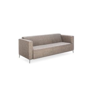 Modern three-seat fabric sofa with clean lines and metal legs in a neutral colour. Shop now at Louis & Henry