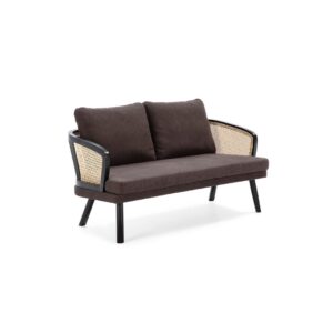 Dark fabric two-seat sofa with natural rattan accents and a modern, compact design