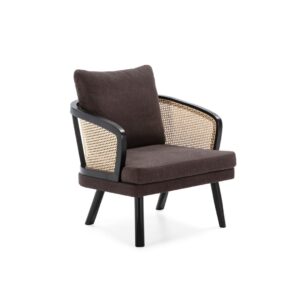 Dark fabric armchair with natural rattan accents and a modern, compact design. Shop now at Louis & henry