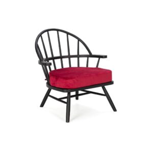 CYRUS Red and Black Armchair featuring a black wooden Windsor-style frame with a vibrant red velvet seat cushion