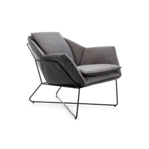 HERA Black and Grey Armchair with fabric cushions, faux leather shell, and sleek metal frame. Shop now at Louis & Henry