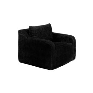 Plush black fabric armchair with a modern, boxy design