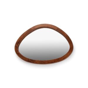 Asymmetric oval mirror with warm walnut wooden frame against white background