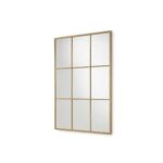 Large rectangular gold-framed mirror with nine window-like panels against white background