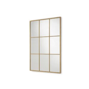 Large rectangular gold-framed mirror with nine window-like panels against white background