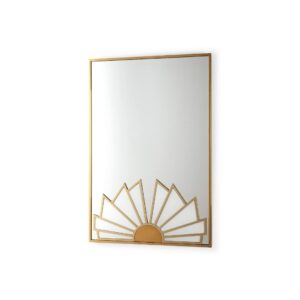 Rectangular gold-framed mirror with Art Deco sunburst design in lower right corner against white background