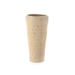 Large cream terracotta vase with intricate floral cutout design and tapered shape