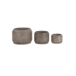 Set of three cylindrical anthracite grey planters in different sizes.