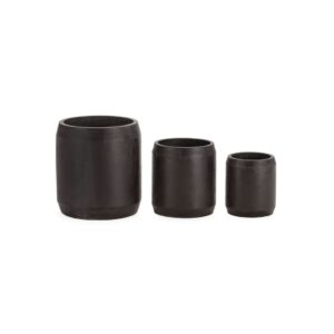 Set of three black cylindrical cement planters in descending sizes, showcasing a modern and minimalist design