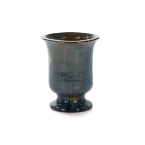 Large stoneware planter with a marbled blue-gray glaze and golden streaks, featuring a classic urn shape with a flared rim