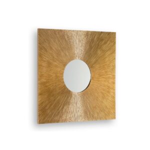 Square gold sunburst mirror with a carved wooden frame and a circular central mirror. Shop now at Louis & Henry