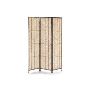 Folding room divider with a thin black frame and weaved wicker centers in a geometrical pattern, featuring three panels. Shop now at Louis & Henry