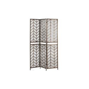 Three-panel folding screen with an antique gold finish and geometrical arrow-style pattern with mesh panels. Shop Now at Louis & Henry