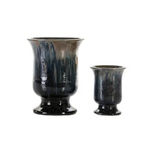 Set of contemporary stoneware planters with a luxurious glazed blue finish. Shop now at Louis & Henry