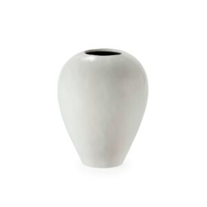 Small white fibre cement vase with rounded shape and tapered neck