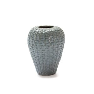 Large grey ceramic floor vase with a textured, woven-like pattern and a sleek, modern shape