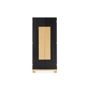 JANUS Black And Gold Wardrobe luxury black wood wardrobe with gold metal base and accents in a modern bedroom interior.