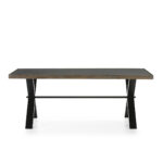 KENZO Cement Top Dining Table with black metal X-shaped legs and industrial design.