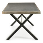 KENZO Cement Top Dining Table with black metal X-shaped legs and industrial design.