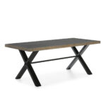 KENZO Cement Top Dining Table with black metal X-shaped legs and industrial design.