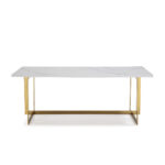 AMIRA White and Gold Artificial Marble Dining Table with grey veining and a sleek gold iron frame.