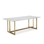 AMIRA White and Gold Artificial Marble Dining Table with grey veining and a sleek gold iron frame.