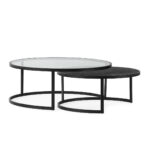 SYLAS Black Oak and Glass Coffee Table Set with tempered glass top, black oak base, and metal frame.